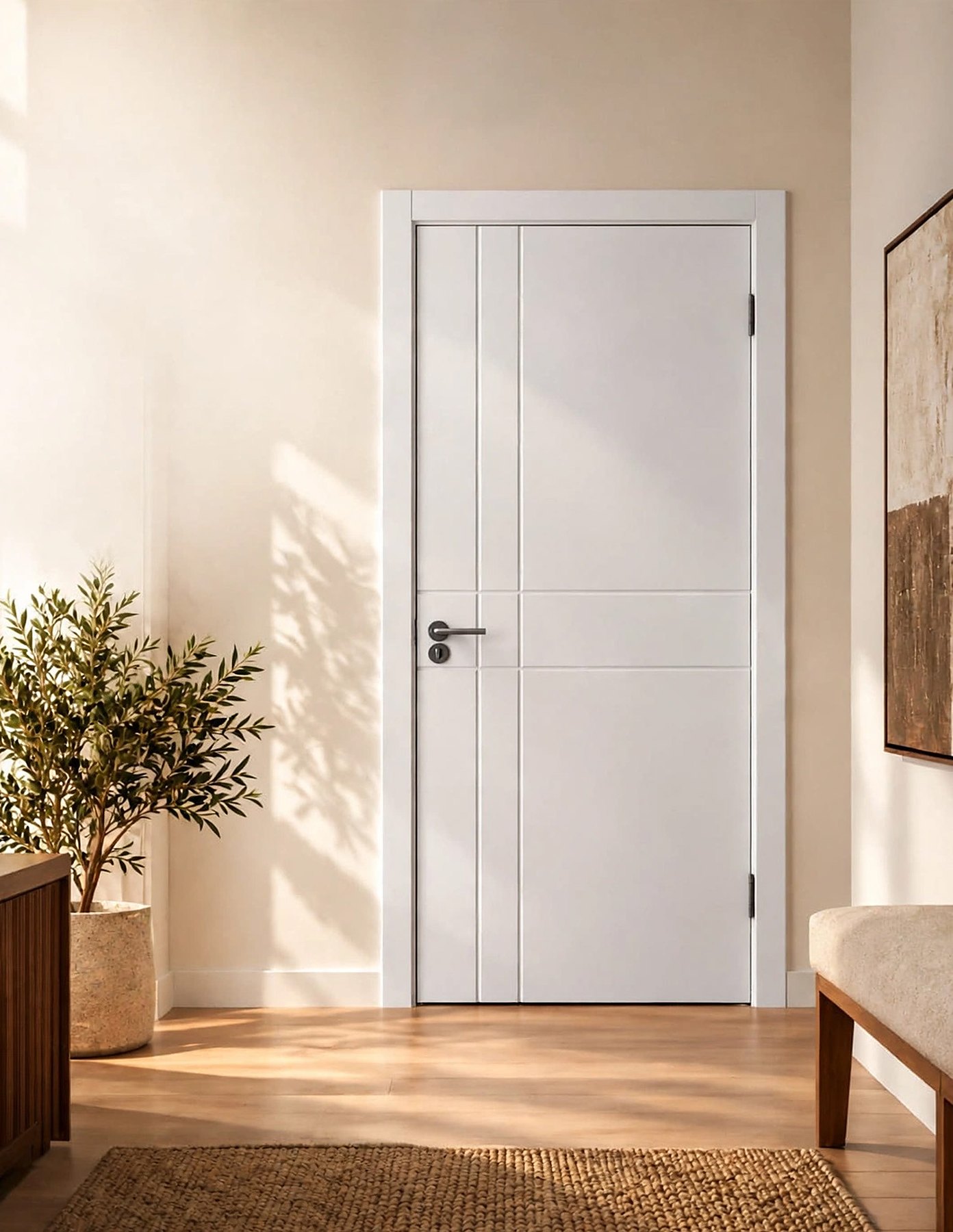 The Ruby interior door in white, with vertical and horizontal grooves