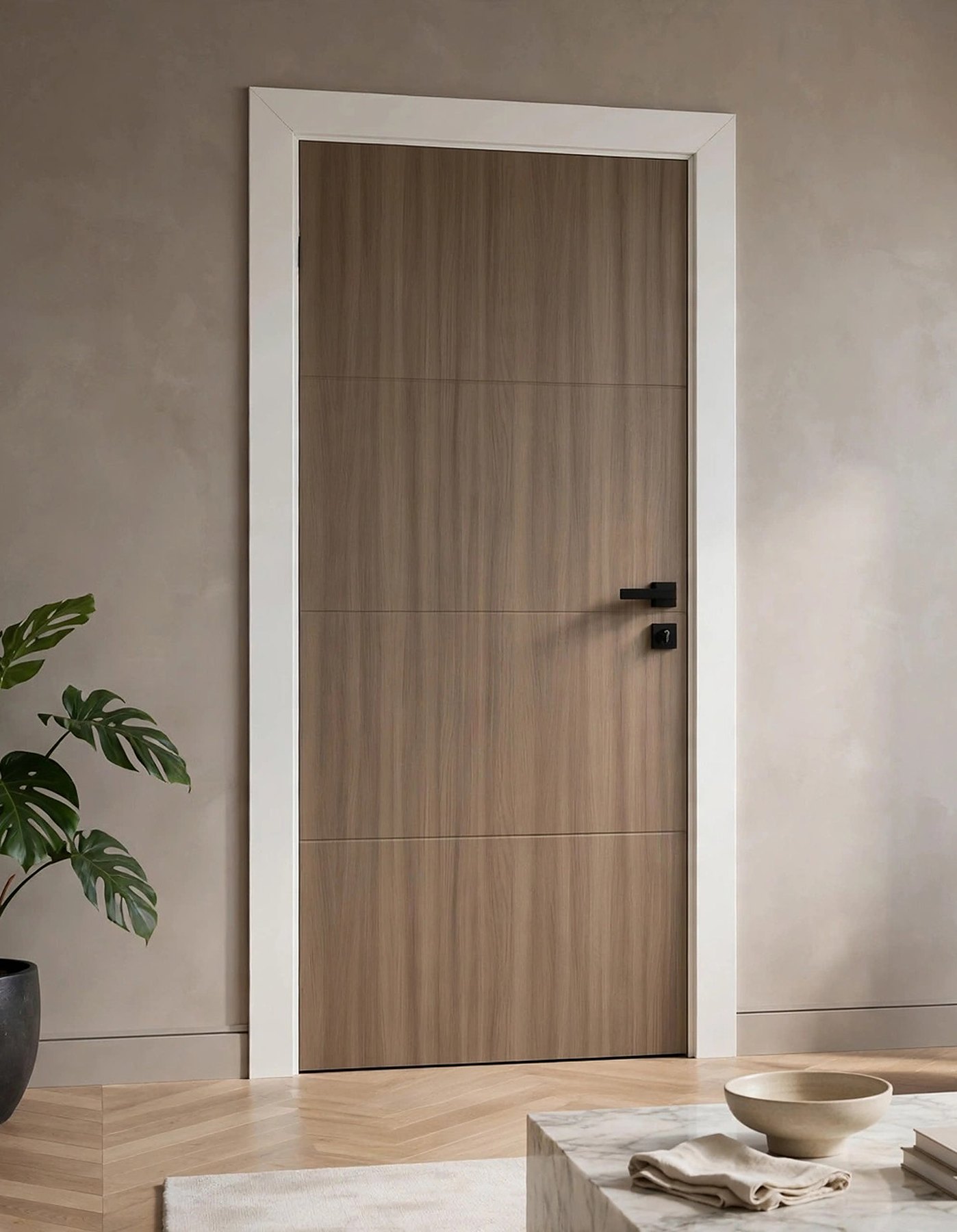 The Zara interior door in a wood grain finish, with three horizontal lines